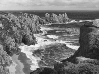 Pednvounder and Logan Rock Black and white coastal photography The Far West